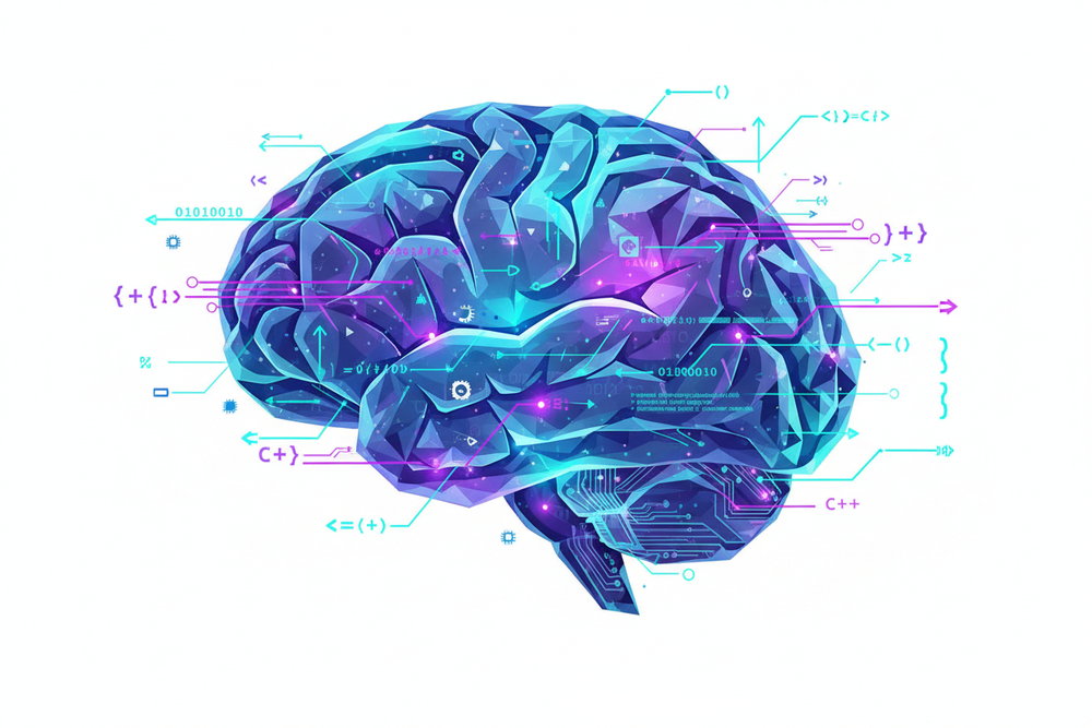 Neon blue and purple brain illustration with technical lines and symbols on a white background