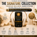 Advertisement for 'Human Reprogram' audio system with headphones and smartphone on a wooden surface.