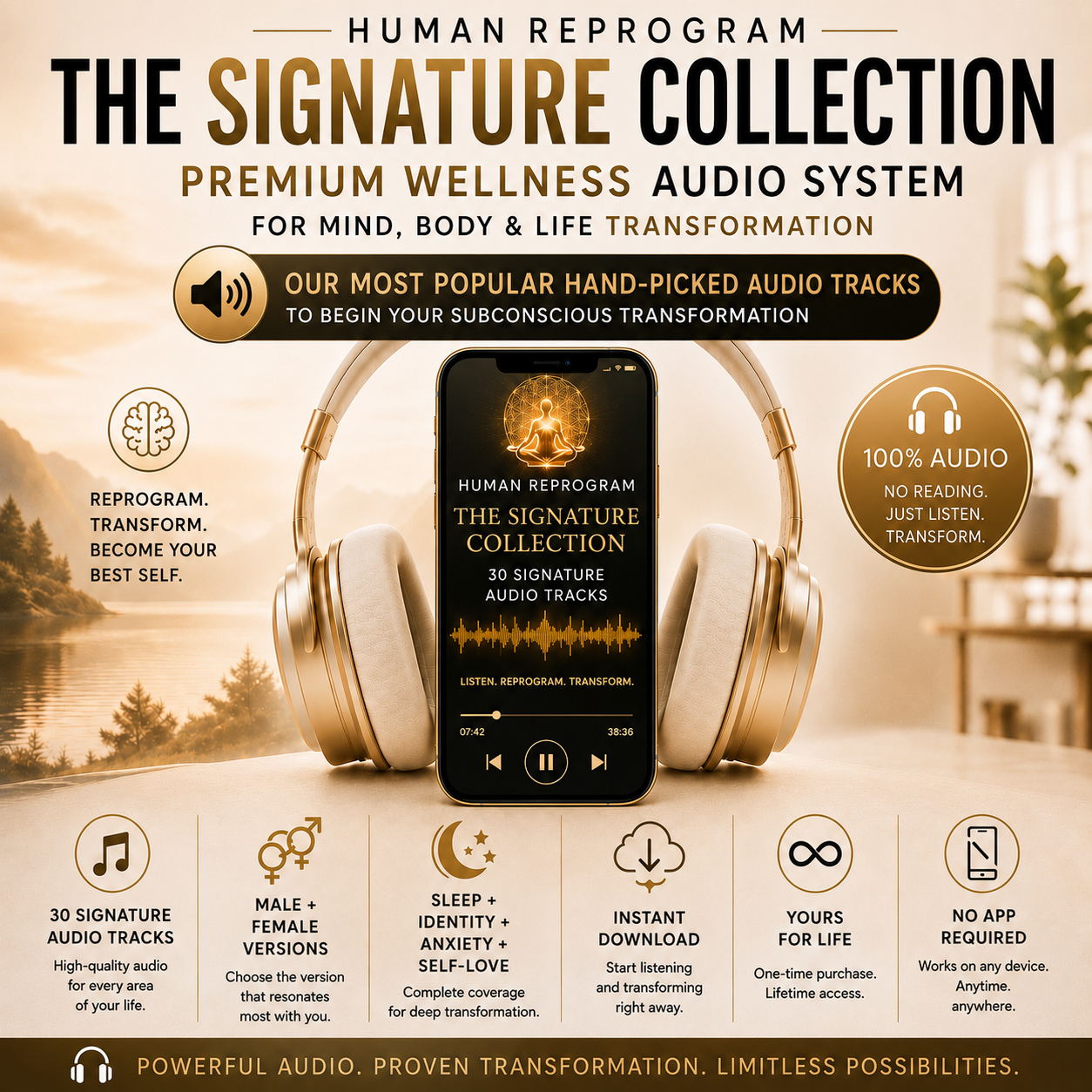 Advertisement for 'Human Reprogram' audio system with headphones and smartphone on a wooden surface.