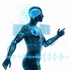 Digital illustration of a human figure with brain and heart highlighted, surrounded by technological elements.