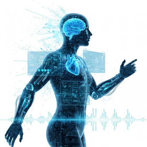 Digital illustration of a human figure with brain and heart highlighted, surrounded by technological elements.
