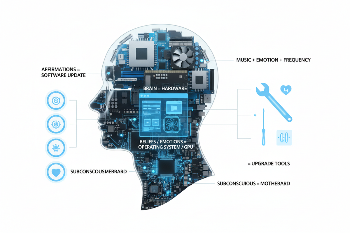 White background. brain = hardware

beliefs/emotions = operating system/GPU

subconscious = motherboard

affirmations = software update

music + emotion + frequency = upgrade tools