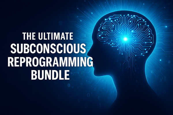 Silhouette of a head with a digital brain design and text about subconscious reprogramming on a dark blue background.