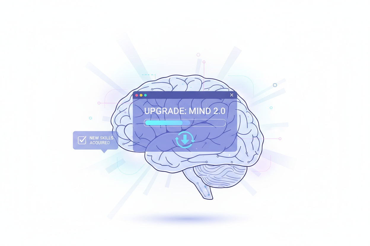 Generate an image of a mind installing new software. White background