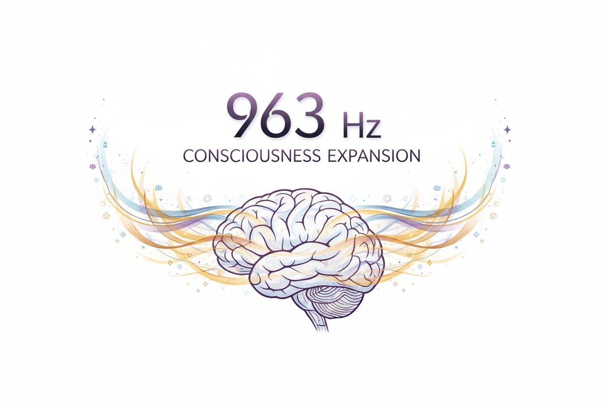 The words 963 Hz Consciousness Expansion with a mind. White background